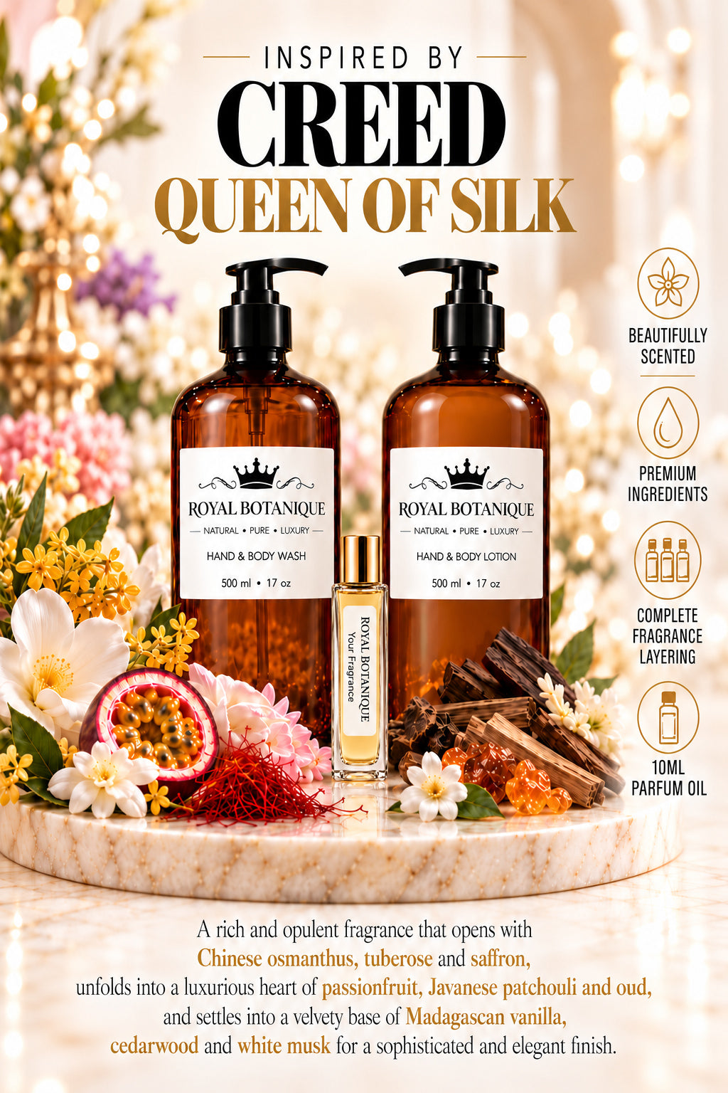 Creed – Queen of Silk Inspired fragrance inspiration poster – Royal Botanique