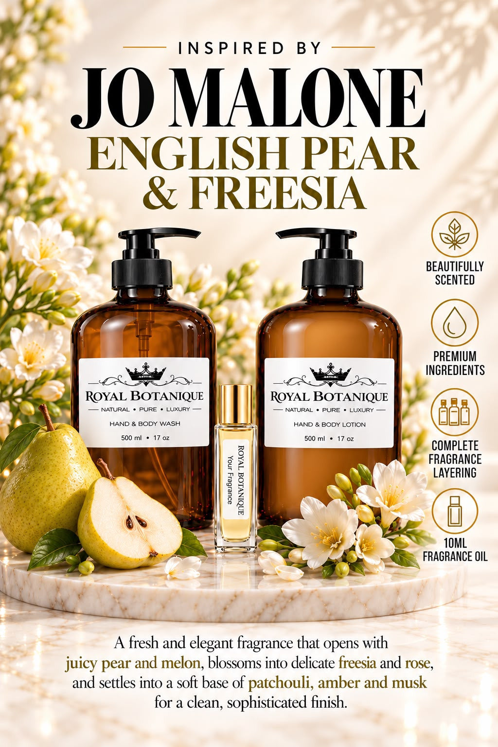 Jo Malone – English Pear & Freesia Inspired fragrance inspiration poster – Royal Botanique