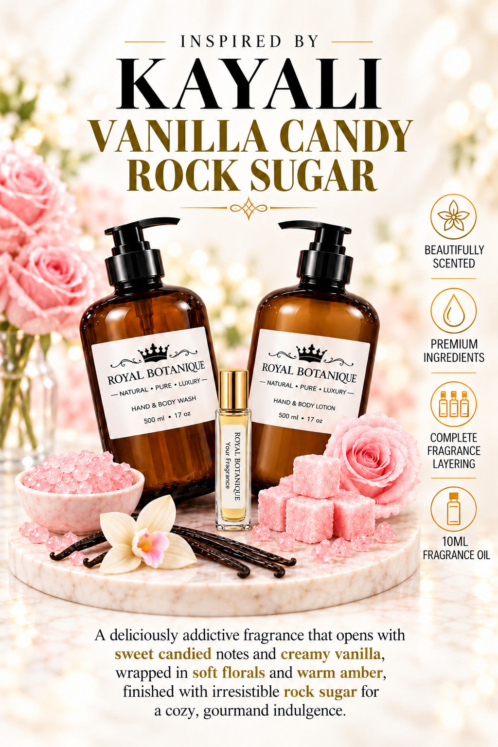 Kayali – Vanilla Candy Rock Sugar 42 Inspired fragrance inspiration poster – Royal Botanique